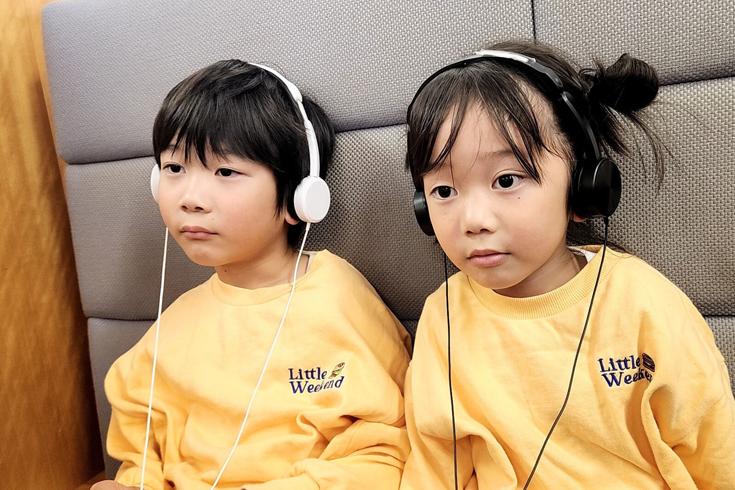 ヘッドフォンでDVDを鑑賞する兄弟